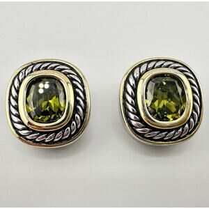 High End Vintage T*J Peridot CZ Two Tone Rope Bezel Clip On .75” Earrings